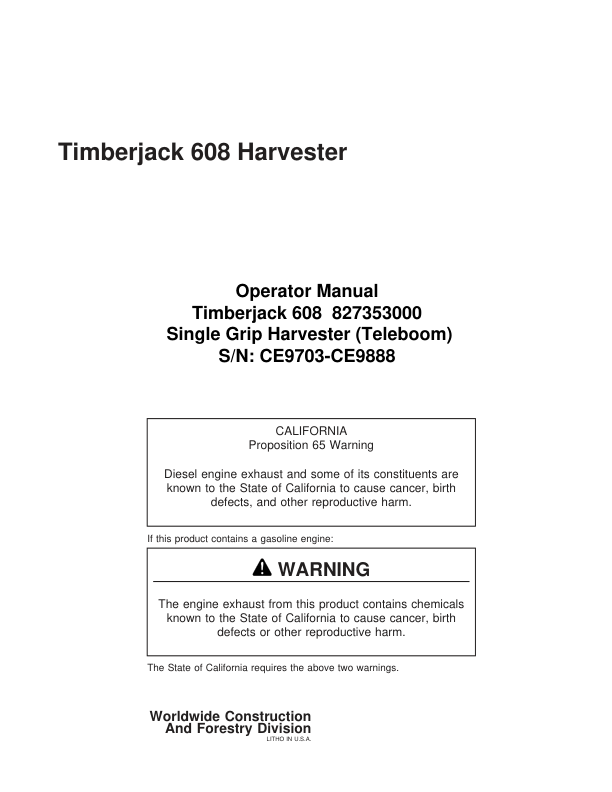 John Deere 608 Tracked Harvesters Operator's Manuals (827353000)