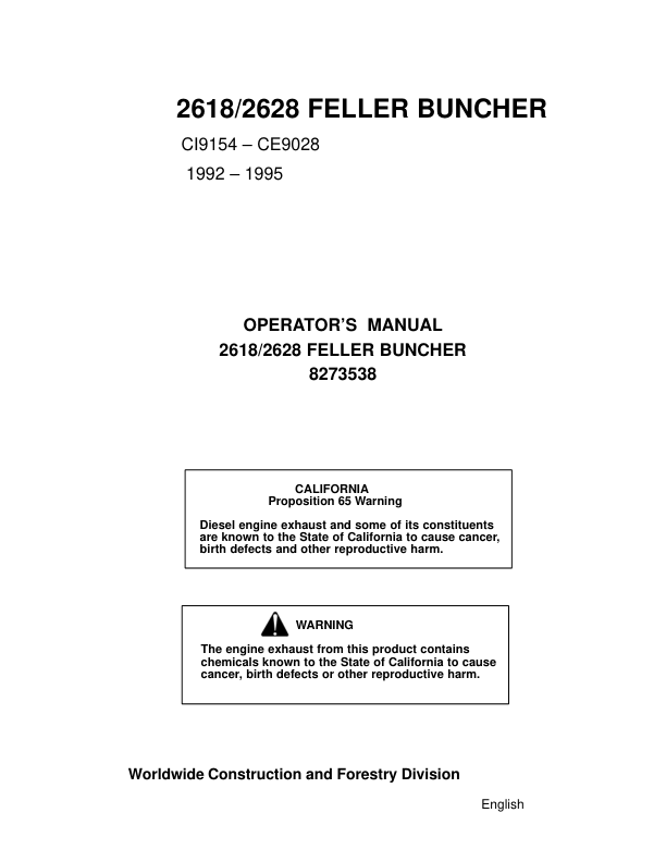 John Deere 2618, 2628 Tracked Feller Bunchers Operator's Manuals (8273538)