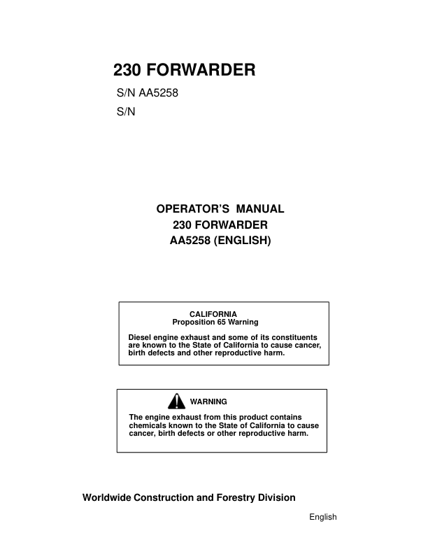 John Deere 230 Forwarders Operator's Manuals (AA5258)