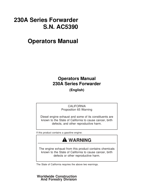 John Deere 230A Forwarders Operator's Manuals (AC5390)