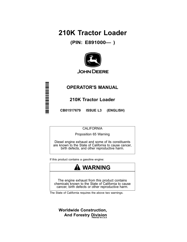 John Deere 210K Tractor Loader Operator's Manuals (CB01517679)