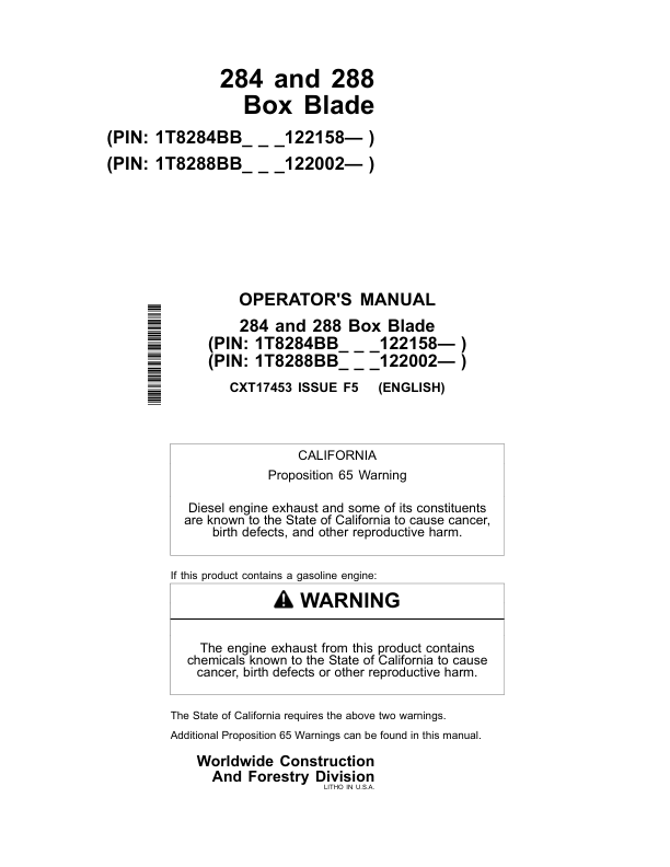John Deere 284, 288 Box Blades Operator's Manuals (CXT17453)