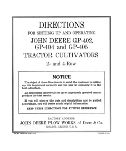 John Deere GP-402, GP-404, GP-405 Tractor Cultivators Operator's Manual (DIR113D)
