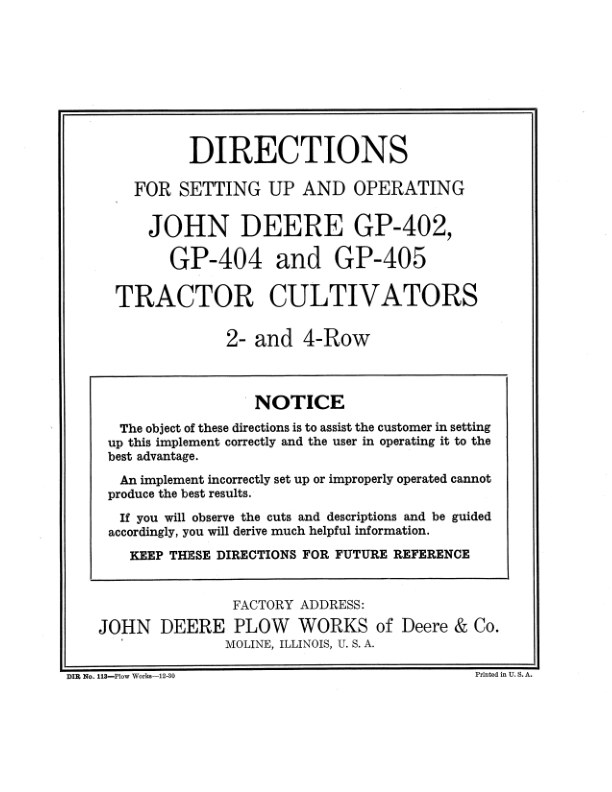 John Deere GP-402, GP-404, GP-405 Tractor Cultivators Operator's Manual (DIR113D)