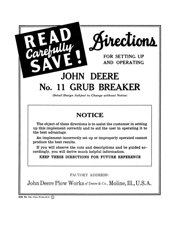 John Deere No. 11 Grub Breaker Operator's Manual (DIR114)