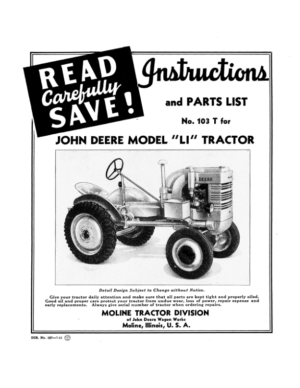 John Deere No. 103T for Model 'LI' Tractor Operator's Manual (DIR127A)