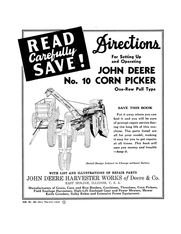 John Deere No. 10 Corn Picker - Setup & Operation Operator's Manual (DIR129B)