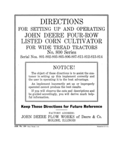 John Deere No. 800 Series Four-Row Listed Corn Cultivator for Wide Tread Tractors Operator's Manual (DIR129C)