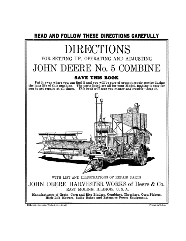 John Deere No. 5 Combine - Setup & Adjustments Operator's Manual (DIR136)
