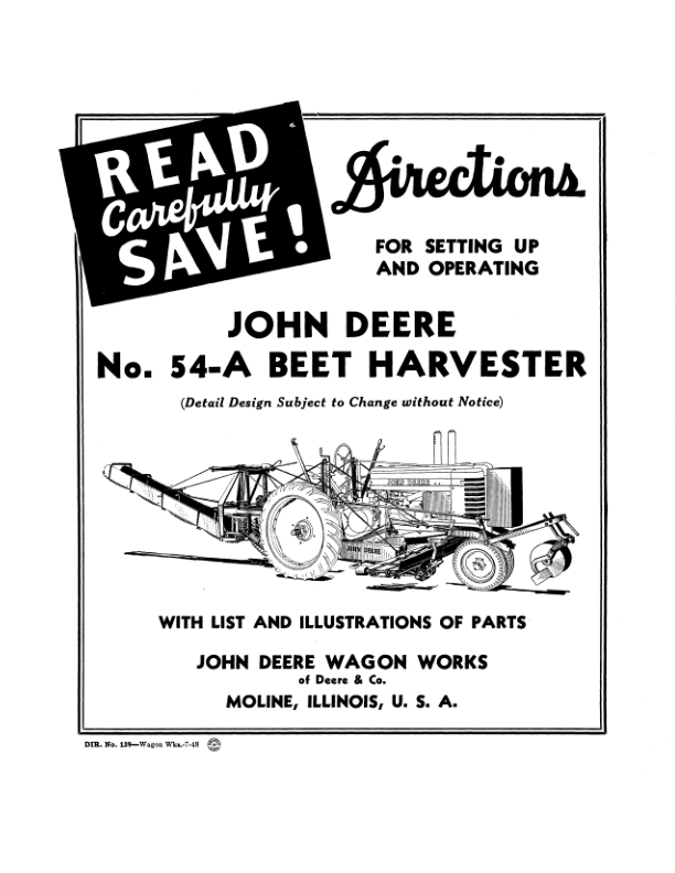 John Deere No. 54-A Beet Harvester Operator's Manual (DIR139A)