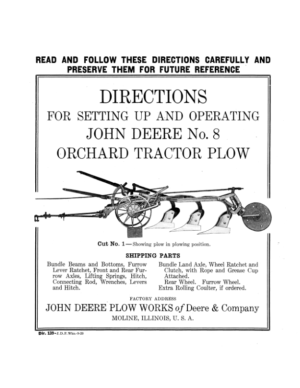John Deere No. 8 Orchard Tractor Plow Operator's Manual (DIR139C)