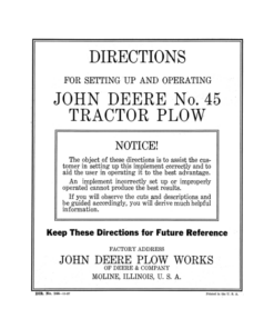 John Deere No. 45 Tractor Plow Operator's Manual (DIR144)