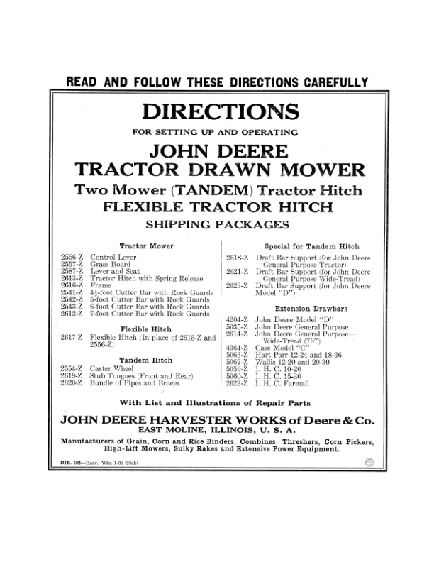 John Deere Tractor Drawn Mower Operator's Manual (DIR162B)