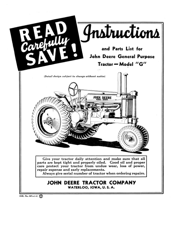 John Deere Model 'G' Tractor Operator's Manual (DIR167)