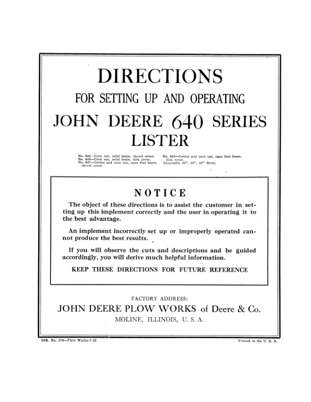 John Deere 640 Series Lister Operator's Manual (DIR170)