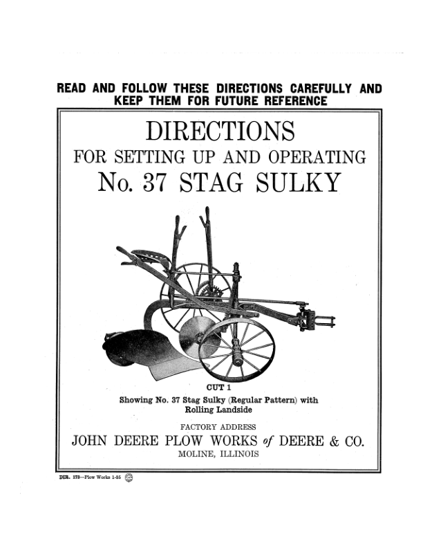 John Deere No. 37 Stag Sulky Operator's Manual (DIR173)