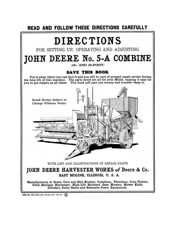 John Deere No. 5-A Combine (10-, 12-Ft) Operator's Manual (DIR174)