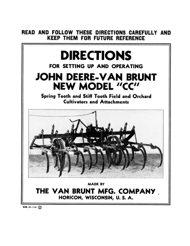 John Deere Van Brunt 'CC' Model Field Cultivator Operator's Manual (DIR17B)