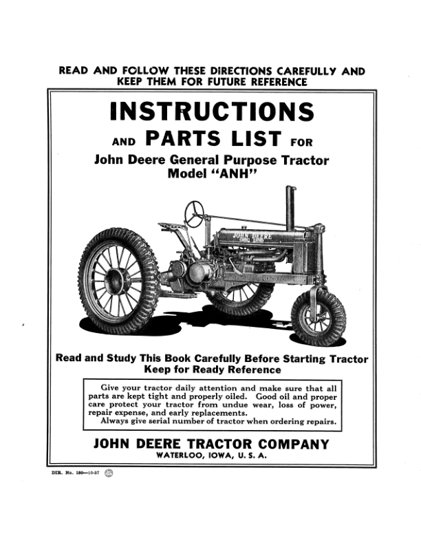 John Deere Purpose Tractor 'ANH' Model Operator's Manual (DIR180A)
