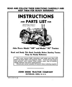 John Deere Instructions & Parts List for Models AR & AI Tractors Operator's Manual (DIR182B)
