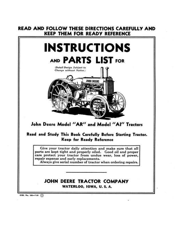 John Deere Instructions & Parts List for Models AR & AI Tractors Operator's Manual (DIR182B)