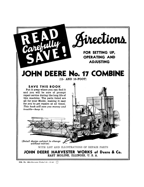 John Deere No. 17 Combine Operator's Manual (DIR182D)