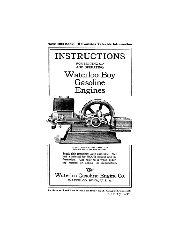 John Deere Waterloo Boy Gasoline Engines Operator's Manual (DIR1911)