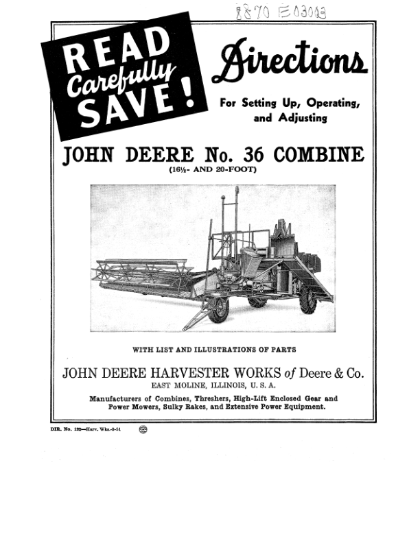 John Deere No. 36 Combine Operator's Manual (DIR192A)
