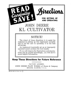 John Deere KL' Cultivator - Setup & Operation Operator's Manual (DIR197A)