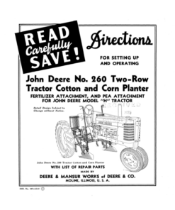 John Deere No. 260 Two-Row Tractor Cotton & Corn Planter - H Tractor Operator's Manual (DIR197B)