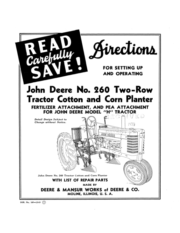 John Deere No. 260 Two-Row Tractor Cotton & Corn Planter - H Tractor Operator's Manual (DIR197B)