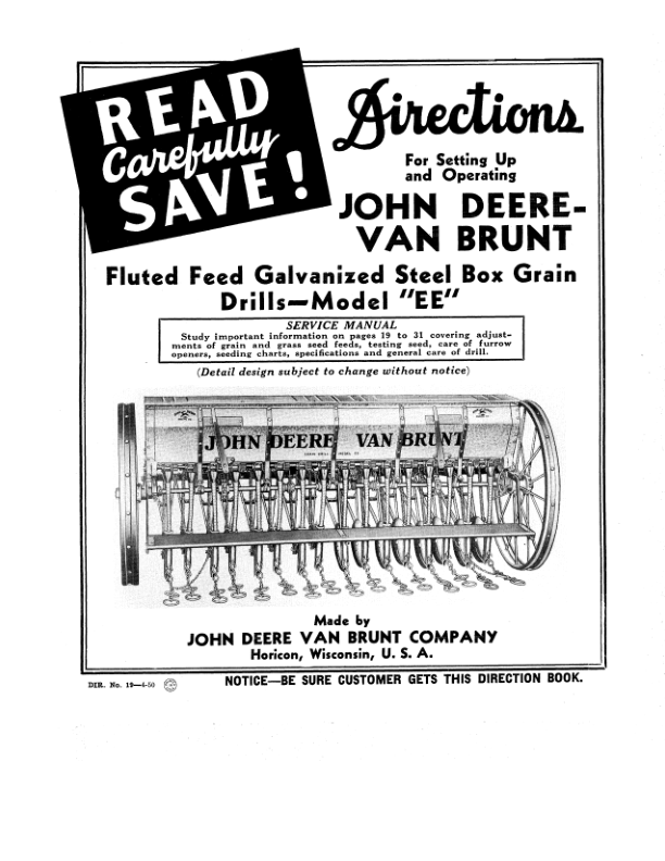 John Deere Fluted Feed Galvanized Steel Box Grain Drills - Models EE Operator's Manual (DIR19)