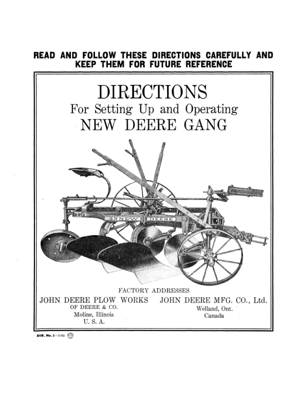 John Deere New Deere Gang Operator's Manual (DIR1C)