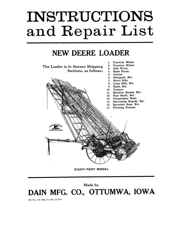 John Deere New Deere Loader - 8 Ft. Model Operator's Manual (DIR1D)