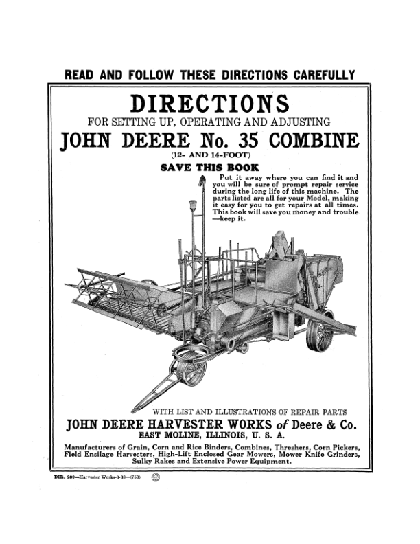 John Deere No. 35 Combine Operator's Manual (DIR200A)