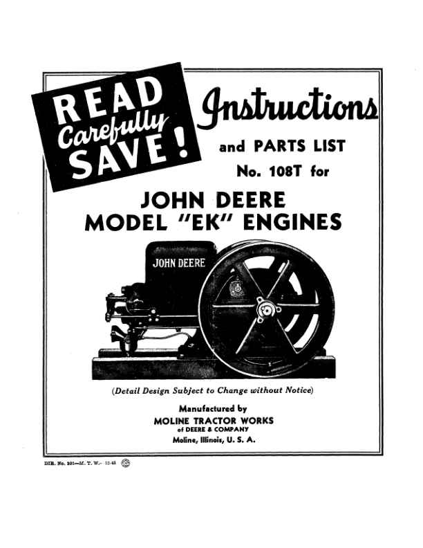John Deere Model 'EK' Engines Operator's Manual (DIR201B)