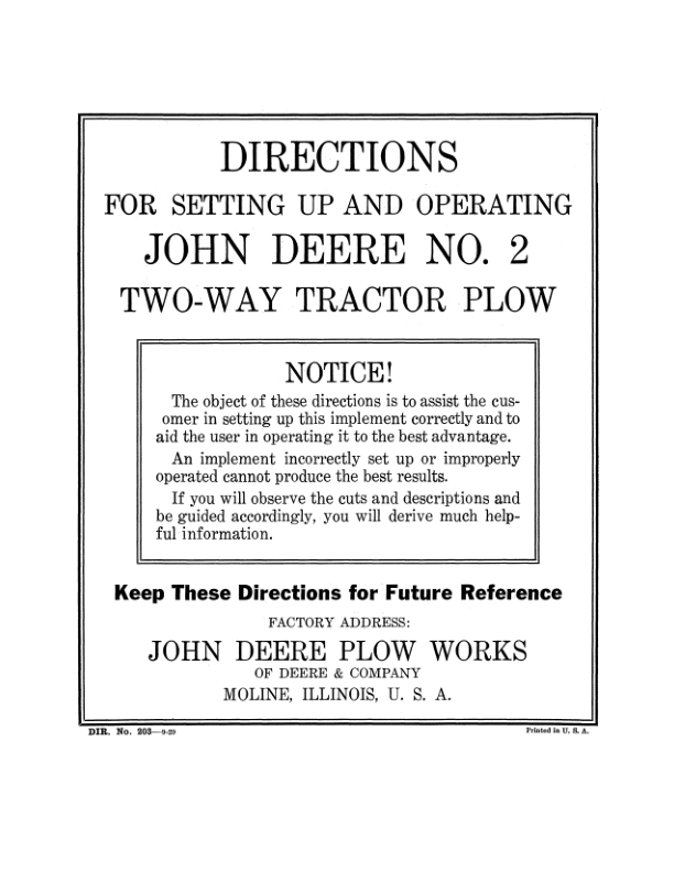 John Deere No. 2 Two-Way Tractor Plow Operator's Manual (DIR203)