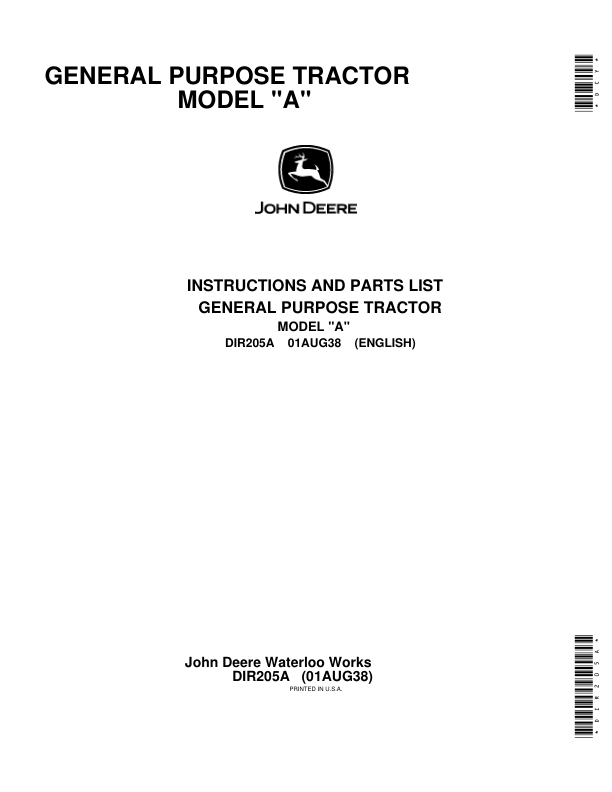 John Deere General Purpose Tractor 'A' Model Operator's Manual (DIR205A)
