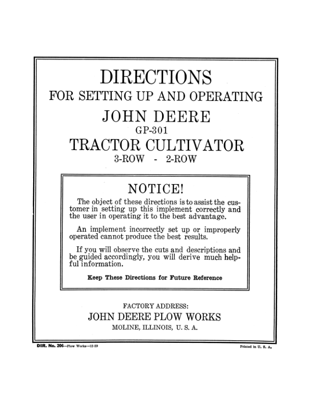 John Deere GP301 Tractor Cultivator (3-, 2-Row) Operator's Manual (DIR206D)
