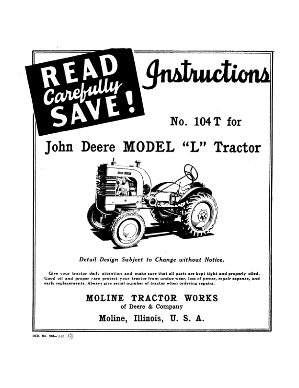 John Deere JD Model 'L' Tractor - No. 104T Operator's Manual (DIR206E)