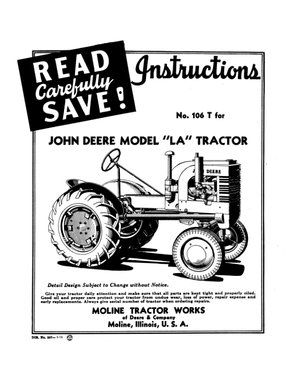 John Deere Model 'LA' Tractor Operator's Manual (DIR207)