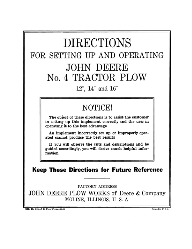 John Deere JD No. 4 Tractor Plow Operator's Manual (DIR212)