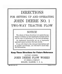 John Deere No. 1 Two-Way Tractor Plow Operator's Manual (DIR216)