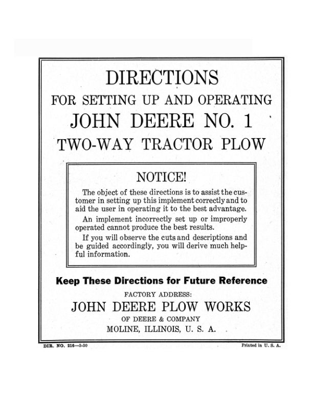 John Deere No. 1 Two-Way Tractor Plow Operator's Manual (DIR216)