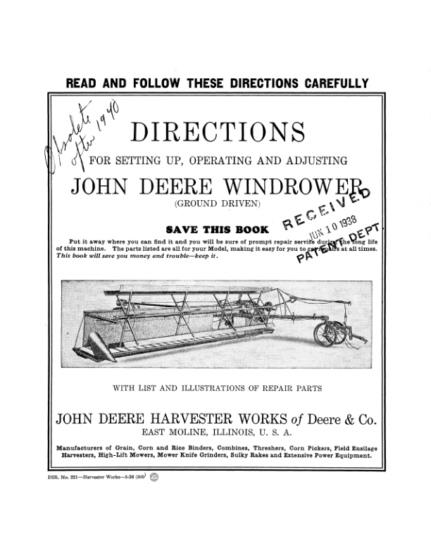 John Deere Windrower - Ground Driven Operator's Manual (DIR221)