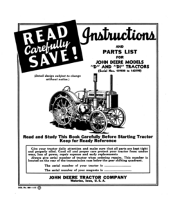 John Deere Models 'D', 'DI' Tractors (119100-143799) Operator's Manual (DIR225)