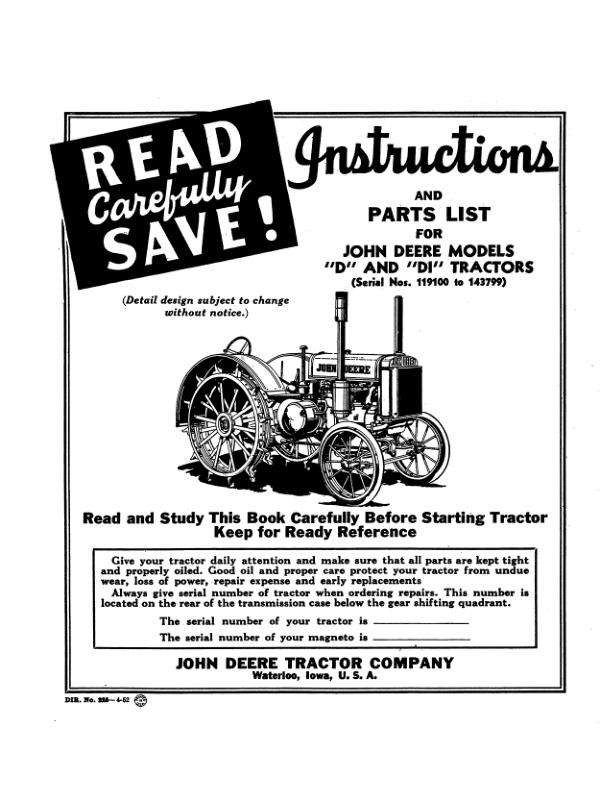John Deere Models 'D', 'DI' Tractors (119100-143799) Operator's Manual (DIR225)