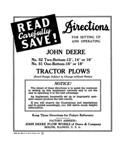 John Deere No. 52 Two-Bottom, No. 51 One-Bottom Tractor Plows Operator's Manual (DIR234A)