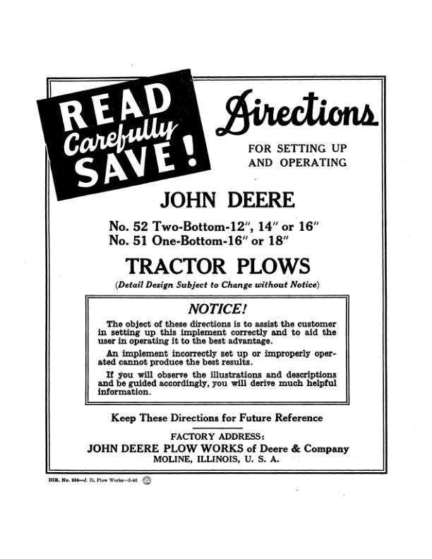 John Deere No. 52 Two-Bottom, No. 51 One-Bottom Tractor Plows Operator's Manual (DIR234A)
