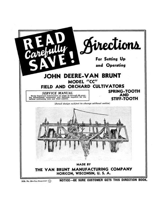 John Deere Van Brunt 'CC' Model Field & Orchard Cultivator Operator's Manual (DIR23B)